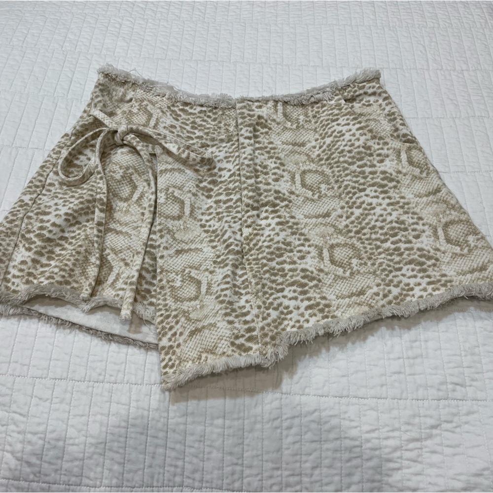 Asymmetrical Distressed Denim Snake Print Skort